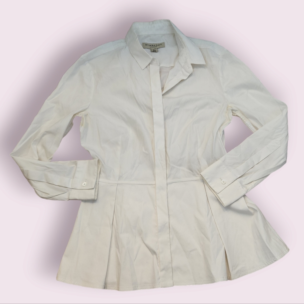 Burberry White Peplum Button Down Top